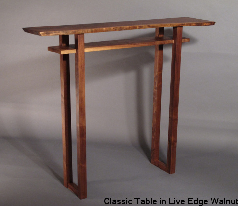 Mokuzai Furniture's signature table, the Classic Hall Table in live edge walnut. A beautiful narrow table perfect for your narrow console table, hall table, entry table or vanity table. handmade modern wood furniture